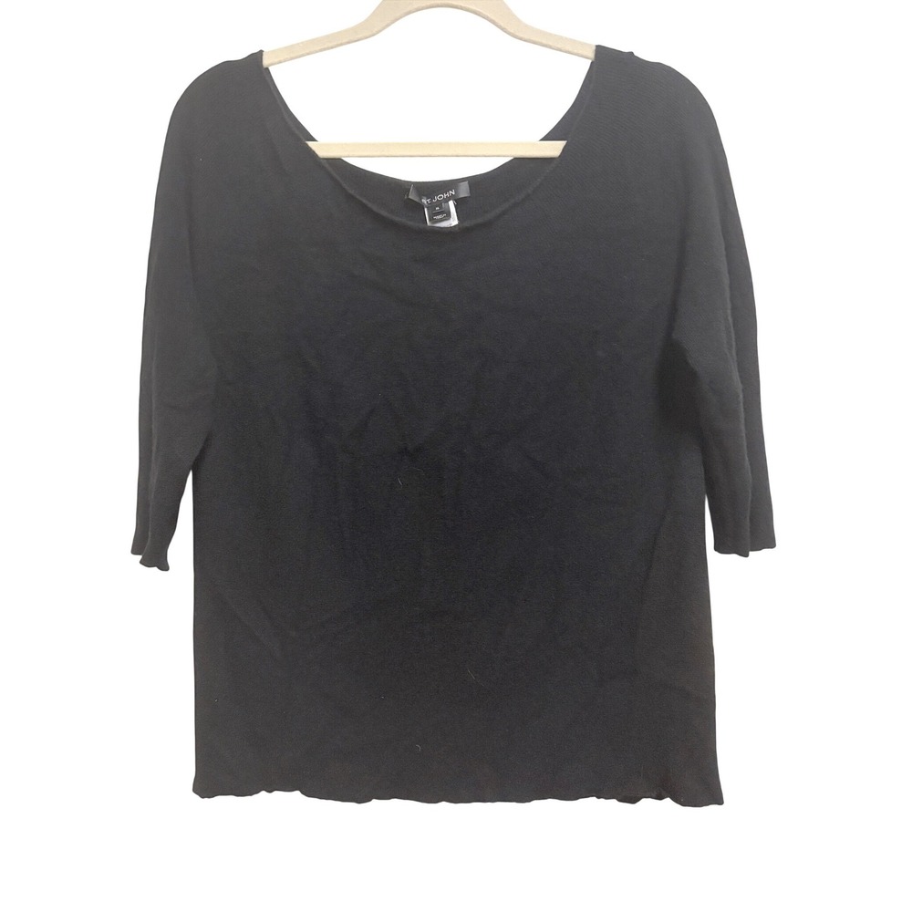 St. John Black Cashmere Scoop Neck Knit Sweater 3/4 Sleeve XL